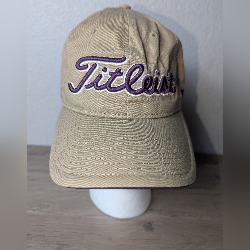 Titleist Pro V1 Hat Adjustable Tan Gold Cap Purple Lettering
